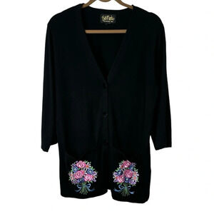 Bob Mackie Wearable Art Cardigan Large Knit Pockets Embroidered Button Front